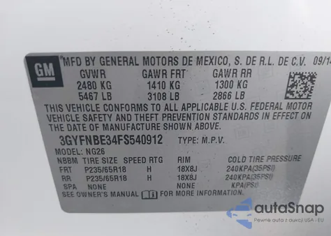 2015 Cadillac Srx Luxury Collection z USA, uszkodzony, nr VIN 3GYFNBE34FS540912